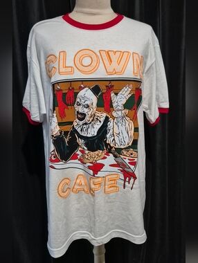 Universal White Ringer Tee with Red Trim and Multicolor Clown Graphic
